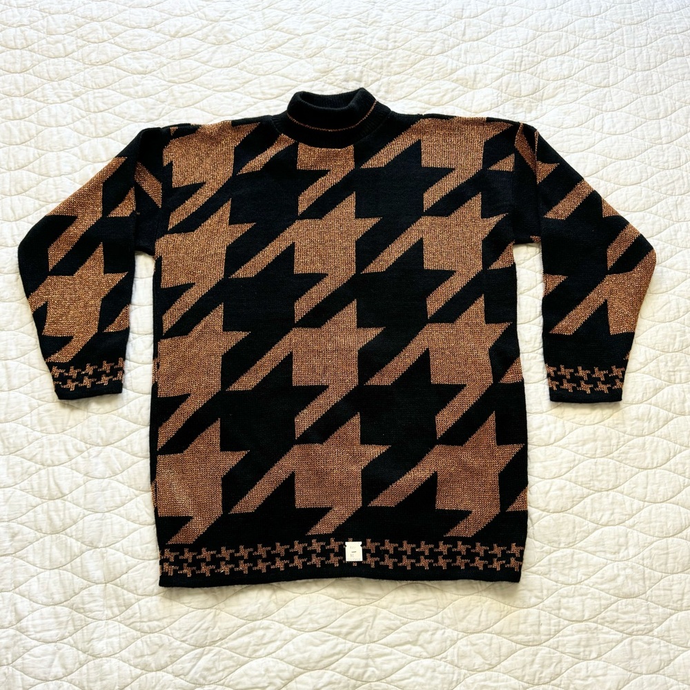 Vintage Oversize Dana Scott Pullover Sweater M Metallic Brown Houndstooth NEW